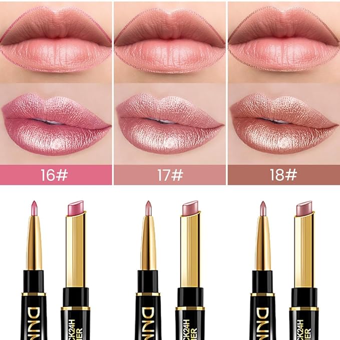 BINGBRUSH 3Pcs Double Ended Light Pink Rose Nude Brown Metallic Lip Liner and Lipstick Makeup Combo Set for Women, Lipliner 24 Hours Original Waterproof Long Lasting Lip Stains Pencil Kit Set