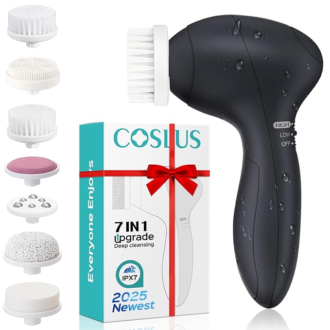 COSLUS Facial Cleansing Brush Silicone Face Scrubber: 7 in 1 FBS-D Electric Exfoliating Rotating Massage Device Waterproof Deep Cleaning Exfoliation Spa Machine - Electronic Skin Care Wash System