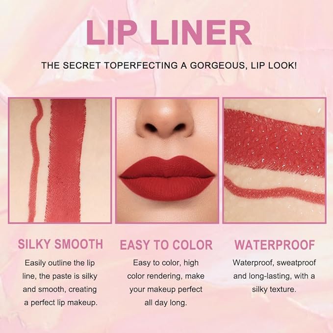 evpct 1Pcs Ruby Red Lip Liner and Lipstick Set Kit for Women Matte Lips Kit with Lip Liner Lip Stains Long Lasting Waterproof 24 Hour Lipstick and Lip Liners Combo Lipliners Pencil Set 01#