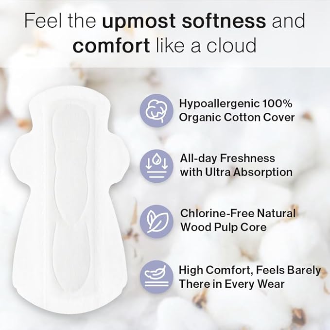 SANDIS Feminine Pad for Women - Large 24 Count 100% Organic Cotton Ultra Thin with Wings for Periods Menstrual Pads Sanitary Napkins Super Absorbency Leak Protection