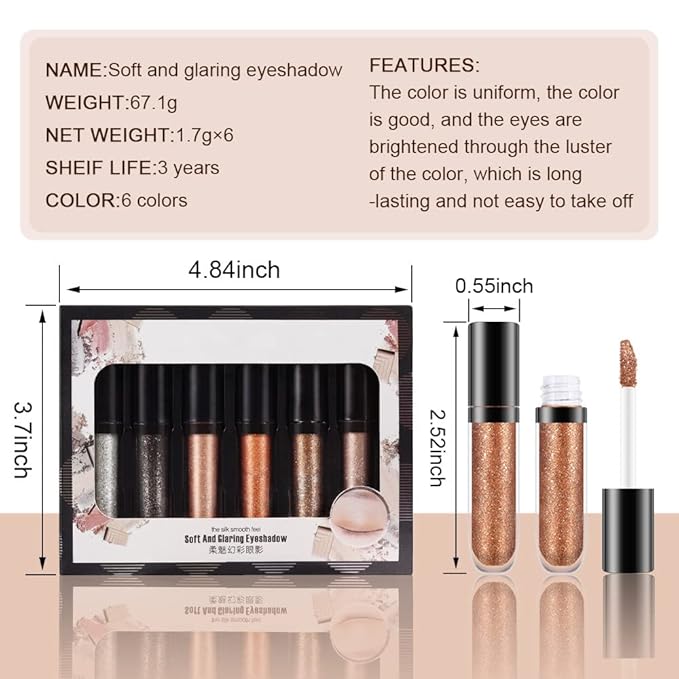 evpct 6 Colors Gold Liquid Glitter Shimmer Eyeshadow Set for Eyes Silver Shimmer Sparkle Shiny Light Glitter Metallic Pigment Colorful Eye Shadow Liner Makeup Palette Kit Quick Drying Longwearing A