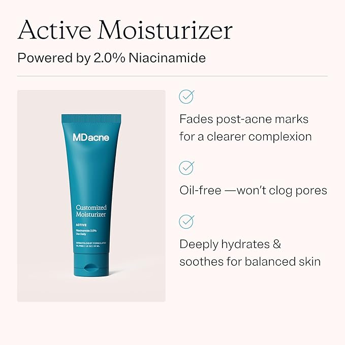 MDacne Facial Moisturizer with Niacinamide 2% - Oil-Free Active Daily Treatment Cream to Reduce Under-Eye, Dark Circles & Wrinkles - Soothing & Moisturizing 1 oz (Pack of 1)