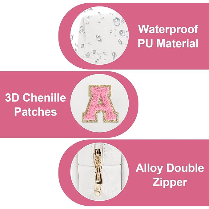 Personalized Makeup Bag Initial A-Z Preppy Patch Bag,Small PU Leather Travel Cosmetic Bag Pouch with Zipper,White Cute Toiletry Bag,Gift Ideal for Teen Girls Women Birthday Friend Mom,Letter A