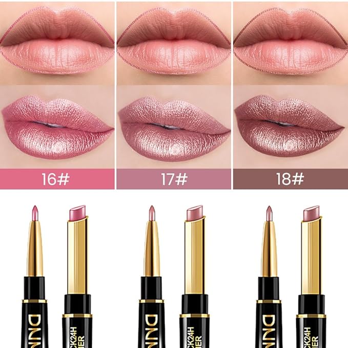 evpct 3Pcs Light Pink Nude Brown Metallic Shine Shimmer Lip Liner and Lipstick Combo Set Kit for Women, Lightweight Hydrating Formula High Impact Full Coverage Lipstick and Lip Liner Makeup Gloss