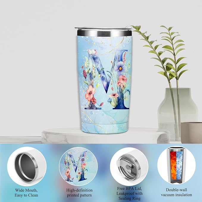 Personalized Gifts Monogrammed Birthday Gifts for Women, Her, Teacher Mother in Law Wedding Christmas Initial 20 oz Tumbler, Makeup Bag Cup Pens Journal Notebook 6 Set, (Aesthetic Blue Flower M)