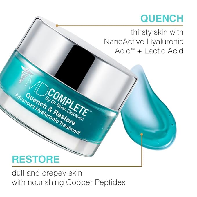 MD Complete Quench & Restore Advanced Hyaluronic Acid Treatment For Plumping and Firming on Face, Hands and body With Hyaluronic Acid, Peptides, Niacinamide and Lactic Acid Lavender Scent 1.0 Fl. Oz
