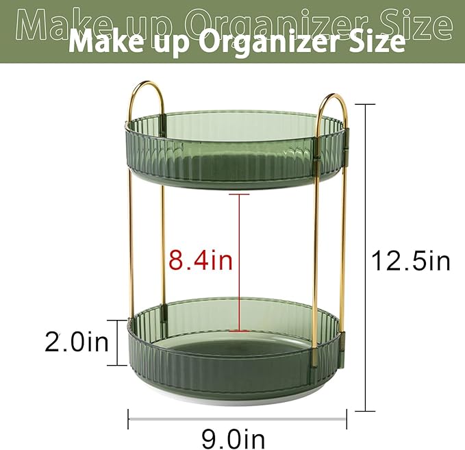 Rotating Makeup Organizer for Vanity, High-Capacity Skincare Make Up Storage Perfume Organizers Cosmetic Dresser Organizer Countertop 360 Spinning (Green, 3 Tier)