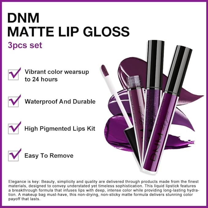 evpct 3Pcs Burgundy Red Dark Purple Matte Liquid Lipstick Lip Stain Sets for Women, Matte Lipstick Long Lasting Waterproof Permanent 24 Hours original, Magic Lip Sticks Pack for Halloween Daily Makeup