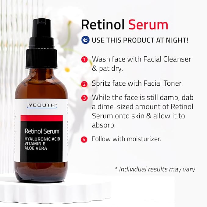 YEOUTH Retinol Serum for Face with Hyaluronic Acid & Vitamin E, Hydrating Retinol Face Serum, Skin Care Suitable for All Skin Types 2oz