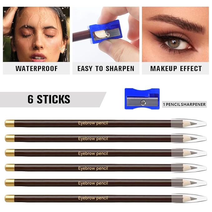 6Pcs Brown Eyebrow Pencils for Women,Wooden Hard-Core Eyebrow Eyeliner Pencil,Sharpener Included,Long Lasting Waterproof Sweat-proof Create a Natural Eye Brow Makeup,Beginner Brow Pencil,Cruelty-Free