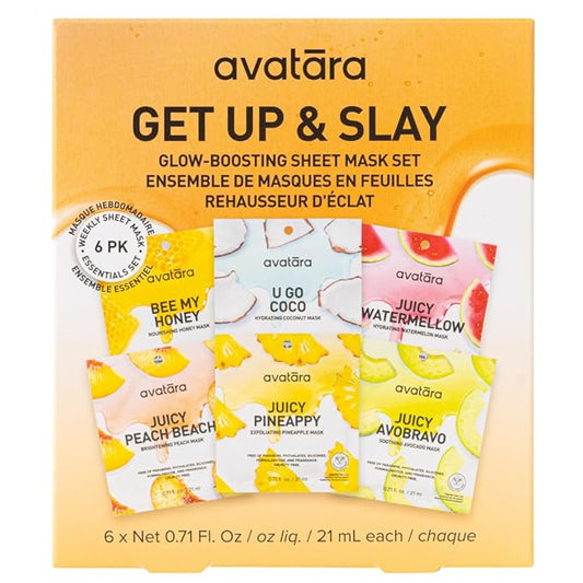 Avatara Get Up & Slay 6-Pack Facial Sheet Mask Variety Pack | K-Beauty Skincare for Dry, Sensitive, Uneven Skin | Gentle Brightening | Fragrance-Free, Paraben-Free & Cruelty-Free Korean Masks