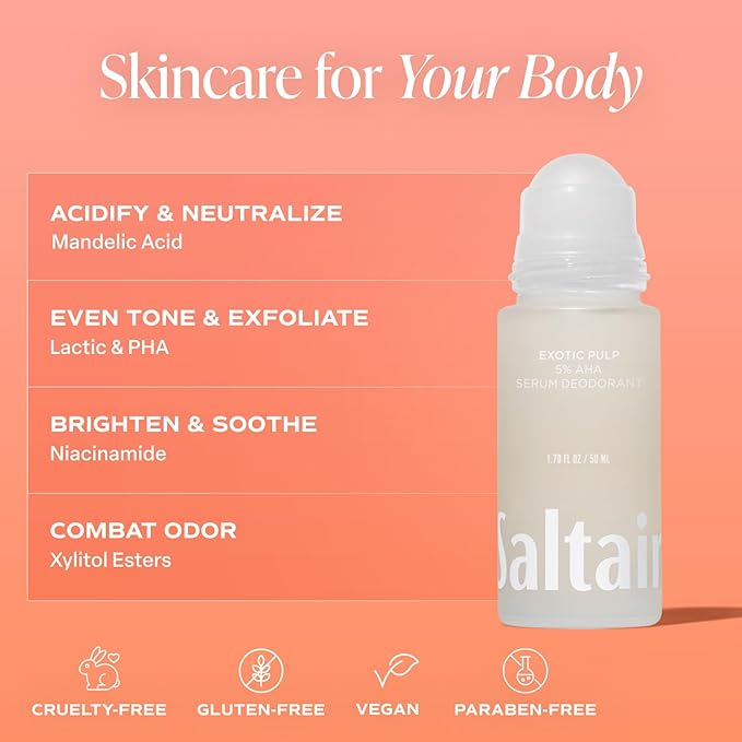 Saltair Serum Deodorant Exotic Pulp 2 Pack. 5% AHA Formula. Lactic Acid and Mandelic Acid Deodorant. Aluminum Free Odor Control for Women and Men. Travel Essentials, 2x 1.7oz Roll On