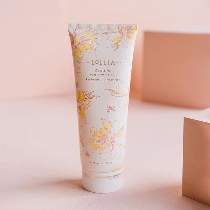 LOLLIA Breathe Shower Gel, 8 fl oz, Peony & White Lily, Luxury Shea Moisture Hydrating Women's Body Wash, Delicate & Relaxing Scented Bath Soap for Self Care