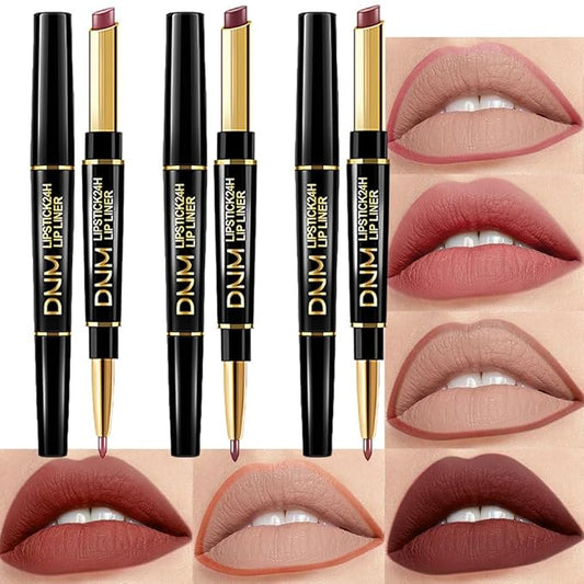 BINGBRUSH 3Pcs Double Ended More Buff Truffle Taupe Matte Lip Liner and Lipstick Makeup Combo Set for Women,Lipliner 24 Hours Original Waterproof Long Lasting Lip Stains Pencil Kit Set