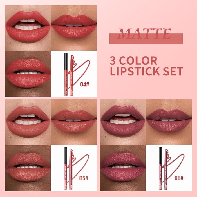 Matte Lip Liner Pencil Set, 12 Colors, Waterproof, Smudge-Proof, Long-Lasting, Semi-Glossy Finish for Defining, Contouring (3#, 3Count (Pack of 1))