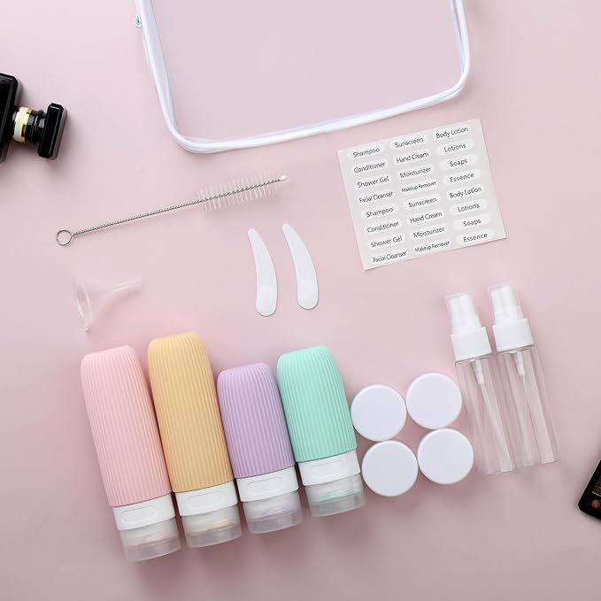 16 Pack Travel Bottles Set, TSA Approved Leak Proof Silicone Squeezable Containers for Toiletries, Refillable Travel Accessories for Conditioner, Shampoo, Lotion & Body Wash Accessories