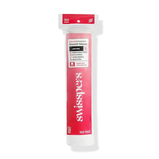 Swisspers Smooth Moves Ultra-Luxe Premium Cotton Rounds, Hypoallergenic Makeup Remover Pads for Sensitive Skin, USA Made, Vegan, Lint-Free, Paraben Free, 100 Count