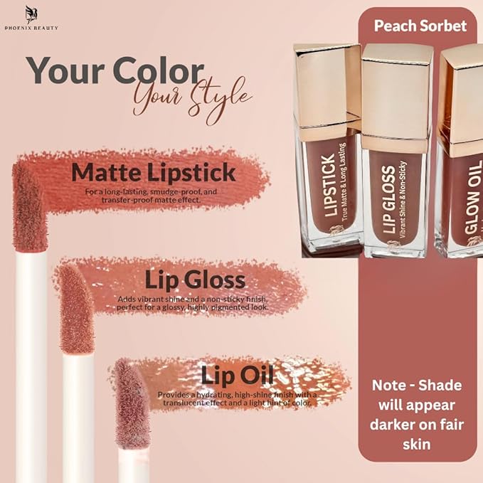 Lip Trio – Matte Deep Nude Lipstick + Moisturizing Lip Gloss & Lip Oil | Everyday Hydrating Lip Care Set with Vit-E and Jojoba | Clean, Non-Toxic Beauty Gift (Peach Sorbet)