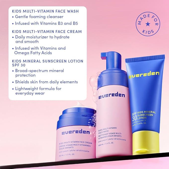 Evereden Kids Daily 1-2-3 Routine Bundle: Clean & Vegan Skin Care Set - Hydrating & Nourishing Tween Skincare Set with Multi-Vitamin Face Wash, Face Cream, Lotion, & SPF 30 Mineral Sunscreen (Melon)