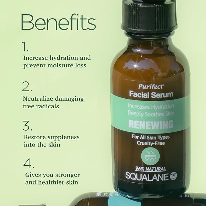 Purifect Renewing Squalane Face Serum Smooths, Softens, and Hydrates with Vitamin E & Arginine – Made in USA | Repairs Dry, Rough Skin – 30ml