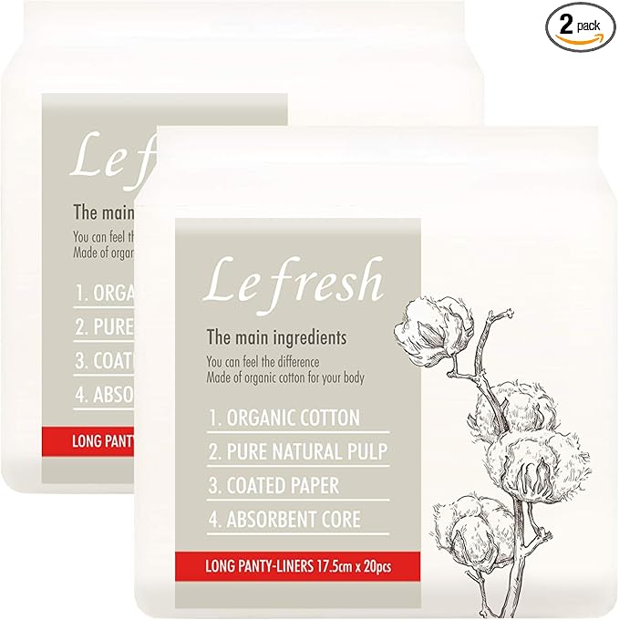 Lefresh Organic Cotton Cover Panty Liners | Long,40 Count | Unscented - Vegan - Chlorine Free - Daily Feminine Pads - Light Absorbency