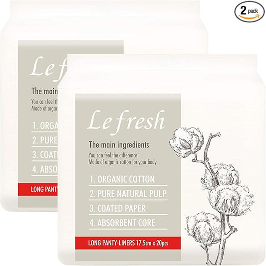 Lefresh Organic Cotton Cover Panty Liners | Long,40 Count | Unscented - Vegan - Chlorine Free - Daily Feminine Pads - Light Absorbency