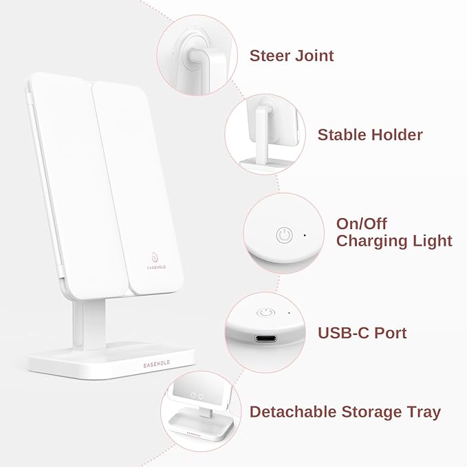 EASEHOLD Vanity Mirror with Lights, 2X 3X Magnification, Trifold, Rechargable, Touch Control - Gifts for Girls & Women