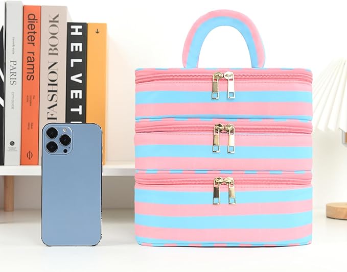Three Layer Makeup Bag for Women Fashion Stripes Cosmetic Bag Preppy Style Travel Water-Resistant Toiletry Bag for Storage Toiletries Cosmetics Sets for Women Teen Girls Blue