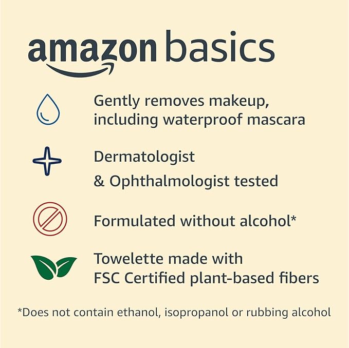 Amazon Basics Makeup Remover Wipes, Gentle Cleansing, Dermatologist Tested, Fragrance Free, Plant Based, Alcohol Free, Removes Waterproof Mascara, 25 Count Per Pack, Pack of 1 (Previously Solimo)