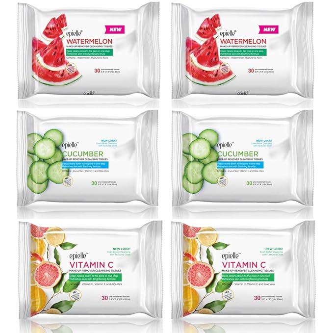Epielle Makeup Remover Wipes, Remove Dirt, Oil, Waterproof Mascara, Gentle Daily Facial Cleanser Towelettes with Vitamin C, Watermelon & Cucumber, Hypoallergenic & Alcohol-Free, 30 Count (Pack of 6)