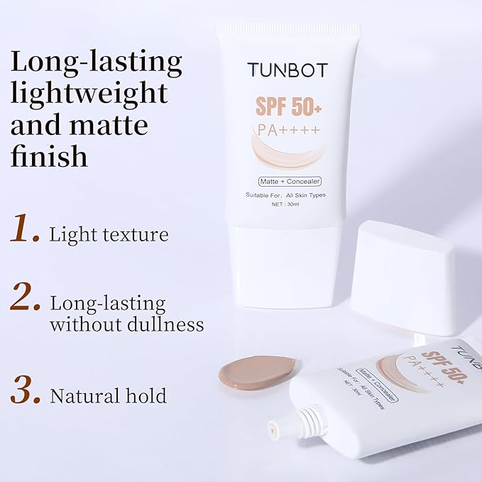TUNBOT Long Lasting Concealer Foundation, SPF 50, Makeup to Cover Facial Imperfections, Unscented Foundation for All Skin Types (30ml)