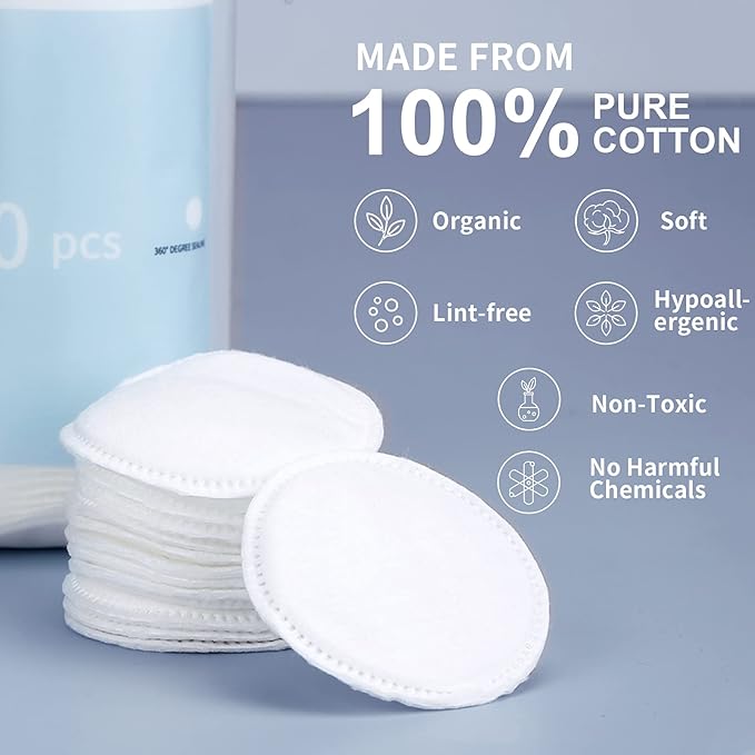 MSQ Cotton Rounds Makeup Remover Pads 600 Count Cotton Facial Cleansing Round Cotton Pads Lint-Free,Hypoallergenic (Pack of 6)