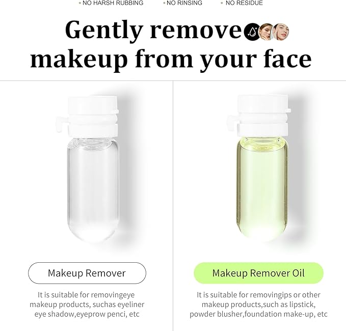 2 in 1 Disposable Makeup Remover Set, Portable Mini Liquid Remover Oil serum 10 Pieces, Includes 20 Remover Cottons, Natural Deep Cleanser for Face, Portable Skincare Facial Oil