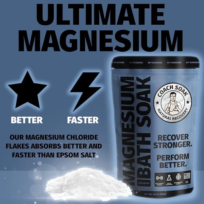 Coach Soak Recovery Bath Soak - Alternative to Epsom Salt Bath Soak - Fast-Absorbing Pure Magnesium Flakes with 21 Minerals, Bath Salts & Essential Oils - 3 lb (1 Pack) - Unscented