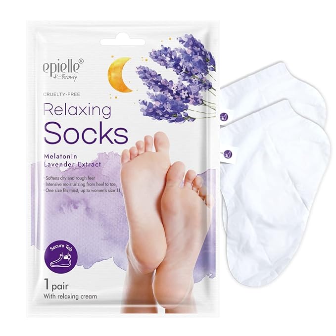 Epielle Relaxing Foot Masks 6 Pairs, Deep Moisturizing Socks for Dry Feet & Cracked Heels, Relieve and Soften with Melatonin & Lavender Extract, Korean Skin Care, Foot Spa, Self Care Gifts for Women