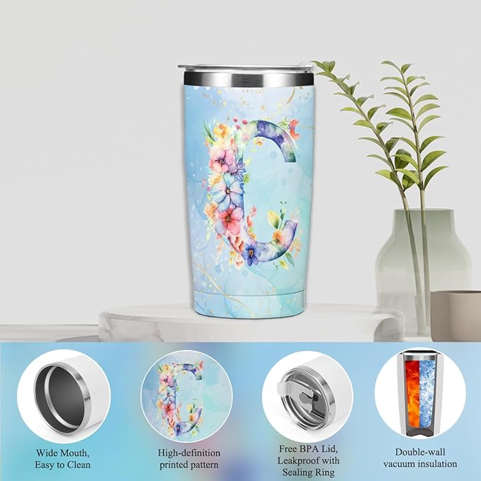 Personalized Gifts Monogrammed Birthday Gifts for Women, Cowerker Wife Sister Wedding Christmas Initial 20 oz Tumbler, Makeup Bag Cup Ballpoint Pens Journal Notebook 6 Set, (Aesthetic Blue Flower C)