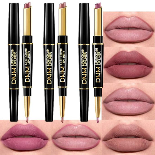 BINGBRUSH 3Pcs Double Ended Light Mauve Red Nude Beige Matte Lip Liner and Lipstick Makeup Combo Set for Women,Plum Rose Lipliner 24 Hours Original Waterproof Long Lasting Lip Stains Pencil Kit Set