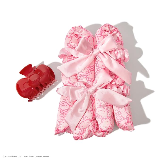 Hello Kitty x Kitsch XL Satin Heatless Curling Set- Heatless Hair Curler To Sleep In for Frizz-Free & Soft Curls, Comes with Bow Shape Design Hair Claw and Satin Scrunchies, Gifts for Women, 4pc Set