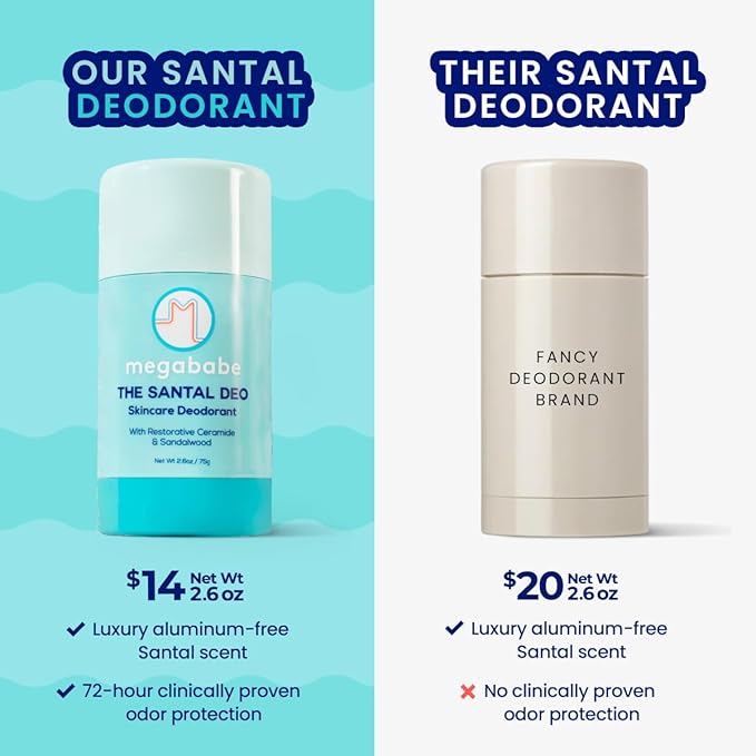 Megababe Skincare Deodorant - The Santal Deo with 72 hour Odor Protection | Restorative Ceramide & Sandalwood | Aluminum-Free, All Natural | 2.6 oz