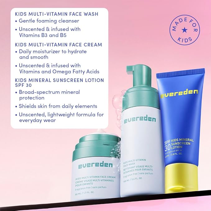 Evereden Daily 1-2-3 Routine: Clean, Vegan Skin Care Set for Kids, Hydrating, Nourishing Skincare Set with Multi-Vitamin Fragrance-Free Face Wash & Fragrance-Free Face Cream & SPF 30 Mineral Sunscreen