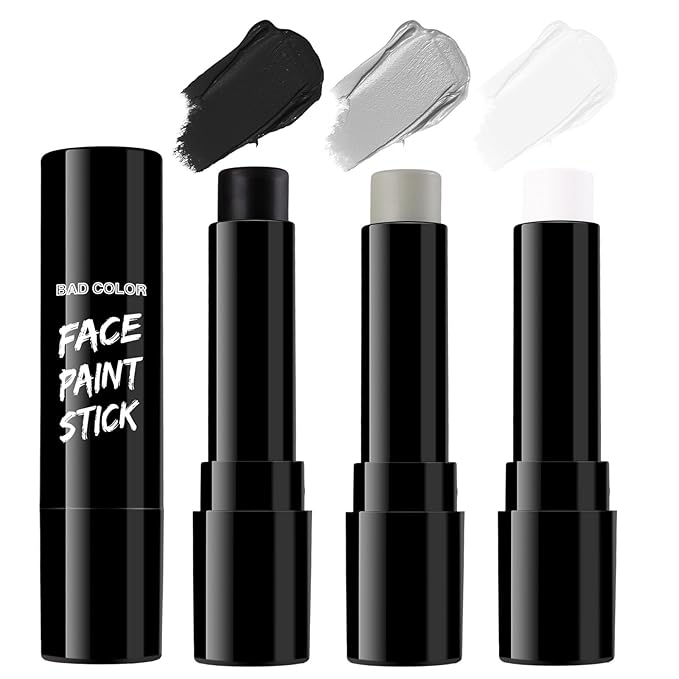 BADCOLOR 3PCS Black White Grey Face Body Paint Stick Makeup for Skull Skeleton Goth Mime SFX Cosplay & Dress Up, Full-Coverage Halloween Facepaint Makeup Kit