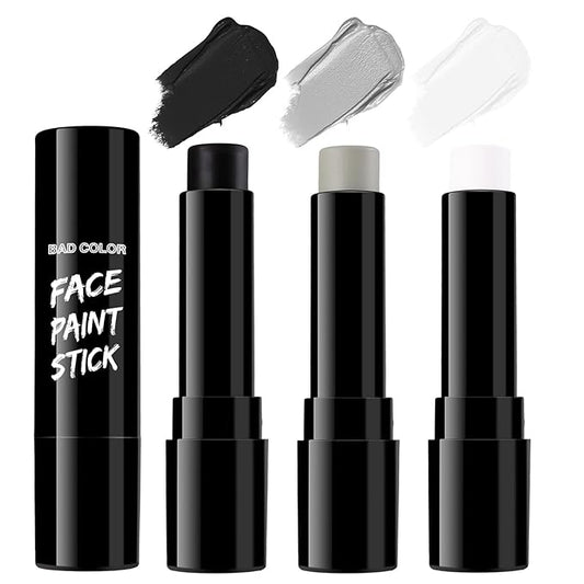 BADCOLOR 3PCS Black White Grey Face Body Paint Stick Makeup for Skull Skeleton Goth Mime SFX Cosplay & Dress Up, Full-Coverage Halloween Facepaint Makeup Kit