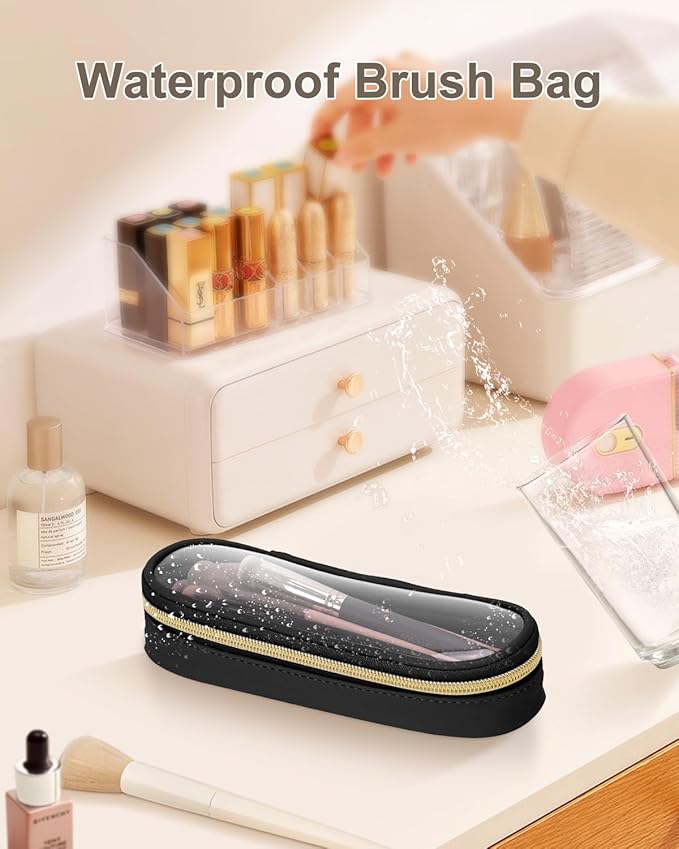 Clear Travel Makeup Brush Holder, Leather Makeup Brush Toiletry Bag, Portable Cosmetic Brush Case, Transparent Waterproof Makeup Brush Storage Bag, Black, Large