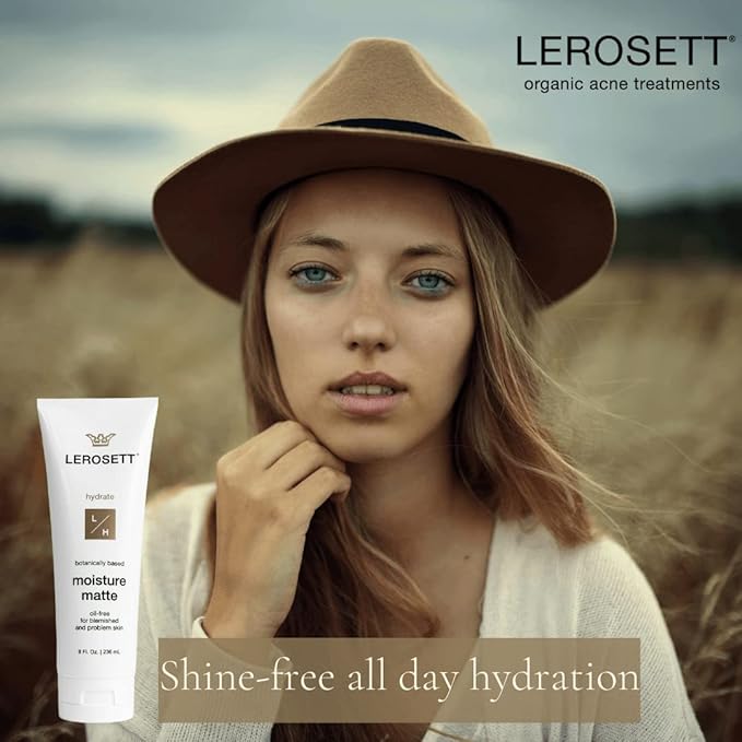 LEROSETT Oil-Free Moisturizer for Acne, Moisture Matte for Oily & Sensitive Skin, Vegan Moisturizer, Lightweight & Aloe-Based with Vit-B5 + 7 Soothing Herbals, Non-comedogenic, Fragrance Free - 3 oz
