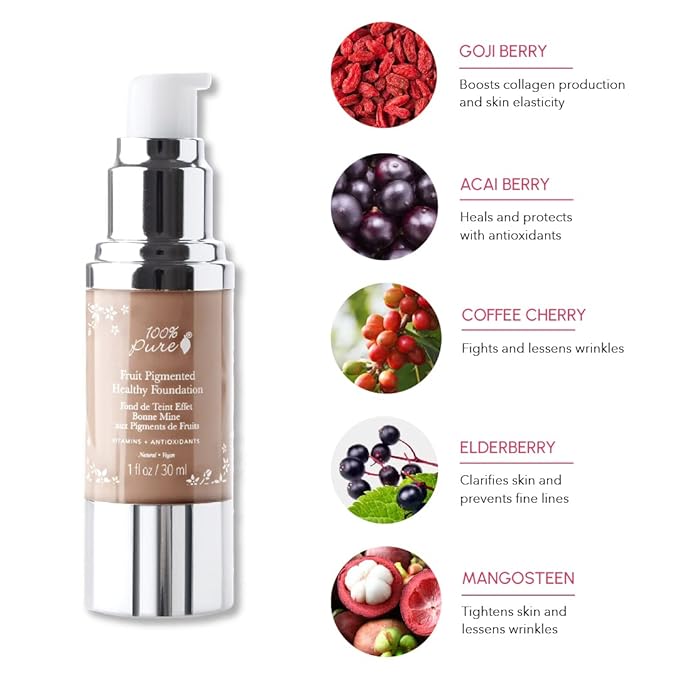 100% PURE Healthy Foundation Full Face Coverage Makeup, Liquid Matte Finish with Anti-Aging Benefits - Vegan Gorgeous Fruit Pigmented Toffee Color (Tan with Neutral Undertone) - 1 Fl Oz