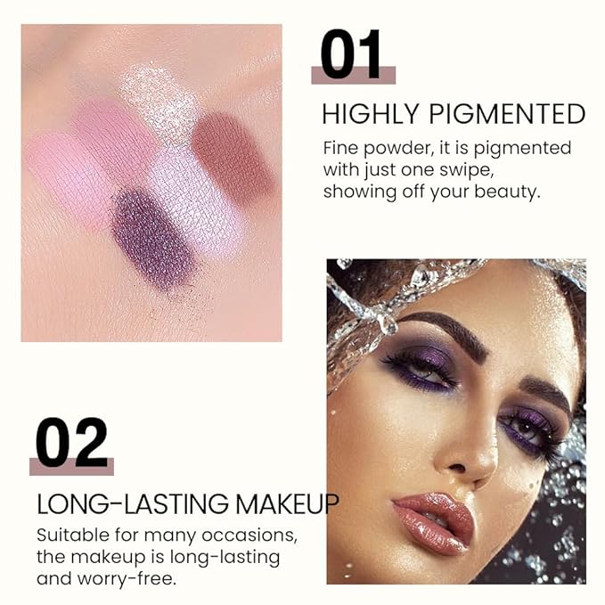 6-Color Pink Champange Purple Matte & Shimmer Eyeshadow Palette with Mirror – Highly Pigmented, Long-Lasting Eye Makeup for Artists & Creative Looks (03#)