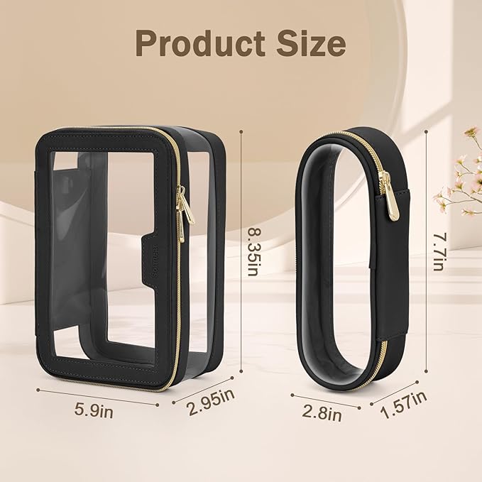 Travel Clear Makeup Bag with Makeup Brush Bag, Leather Makeup Case Toiletry Bag, Portable Cosmetic Bag Case, Transparent Waterproof Cosmetic Organizer Storage Bag for Women, Medium, Black