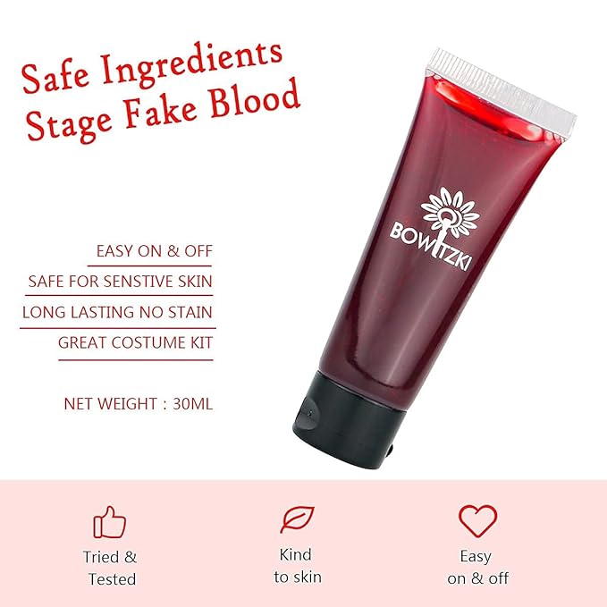 Bowitzki Halloween Makeup Set Special Effects Kit Cream Face Paint Water Based Liquid Latex Fake Blood Brush Sponges Body Painting SFX Zombie Vampire Monster Christmas Party (No Scar Wax)