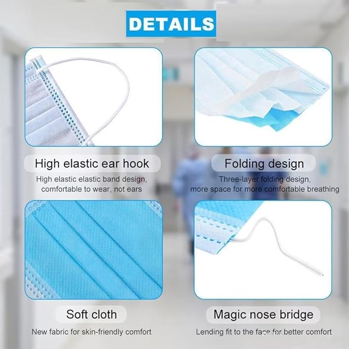 NNPCBT Blue Disposable Face Masks 100 Pack,3-Ply Breathable Mask For Adults,Great For Outdoors,Home, Office, School