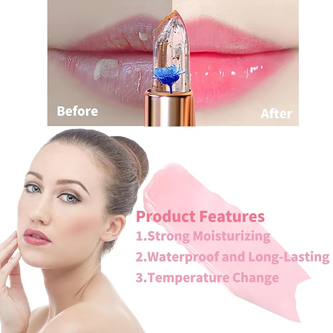 BLUE LOVE Color Changing Flower Lipstick - Hydrating Jelly Lip Balm with Flower Inside, Long-Lasting Moisturizer & Nourishing Lip Gloss for a Beautiful, Customizable Look (Pink)